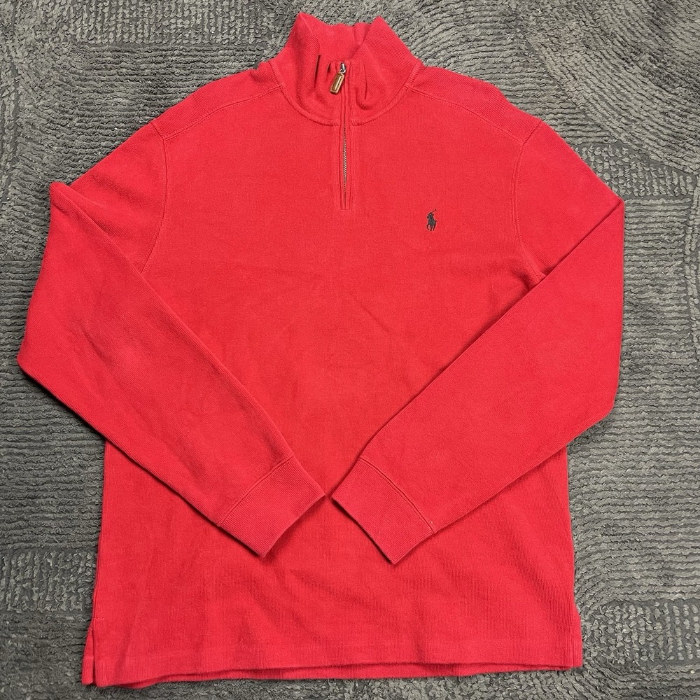 Polo Ralph Lauren Men's Large 1/4 Zip Pullover Sweater Red Cotton Knit Casual